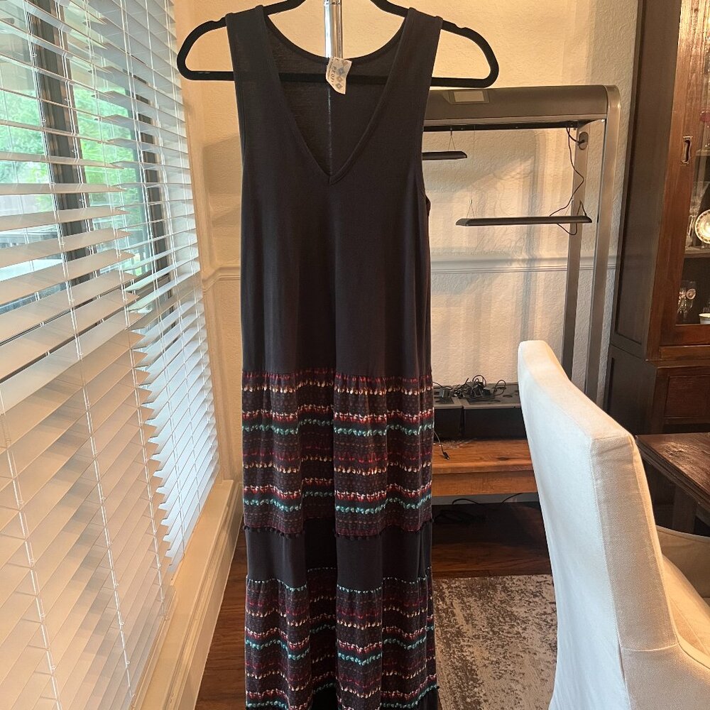 Free People Tiered Maxi Tank Dress Sleeveless Striped Pom Pom V-neck Charcoal